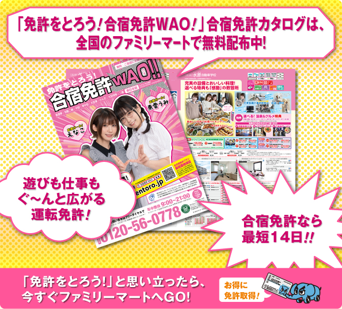 「免許をとろう！合宿免許WAO!!（ワオ）」合宿免許カタログは全国のファミリーマートで無料配布中！